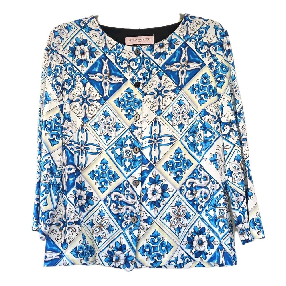 PIERO MORETTI Italy Cardigan Top size 44‎ US size L White Blue Nautical Coastal